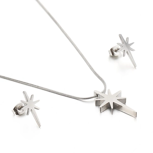 Polished stainless steel eight-point star jewelry set with necklace and stud earrings