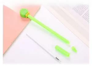 Detail view of detachable green lollipop gel pen showing replaceable white ink refill