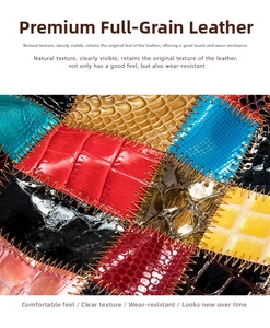 Détail du portefeuille en cuir patchwork multicolore avec coutures dorées et textures