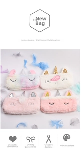 Detail view of four plush unicorn pencil cases in pastel colors with 3D glittery horns