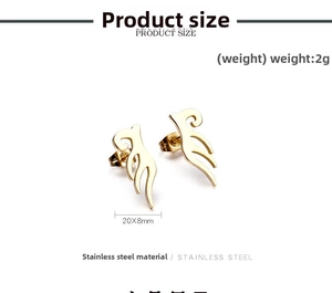 Detail showing 20x8mm golden flame wing earrings made of durable stainless steel