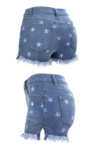 Detailansicht der Jeans-Shorts mit weißen Sternen, Fransensaum und seitlichen Schlitzen