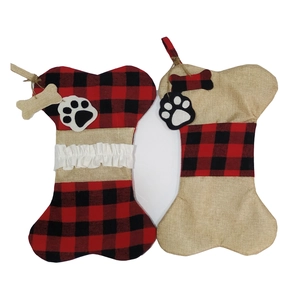 Dog bone shaped Christmas stockings with plaid patterns and burlap for pet holiday decor