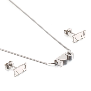Silver stainless steel jewelry set featuring heart and I Love U necklace and stud earrings
