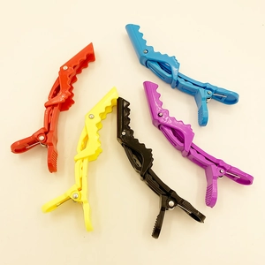 Detailed view of colorful plastic crocodile hair clips with serrated teeth for hair sectioning