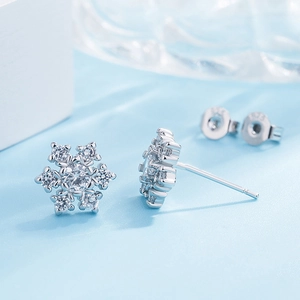 Macro detail of S925 sterling silver snowflake earrings with sparkling zircon stones