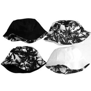 Double-sided bucket hat with palm tree print and solid black or white options