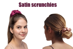 Detailed comparison of satin scrunchies in rose pink and champagne on hair