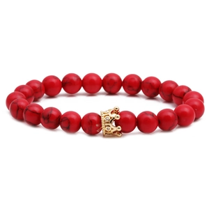 Red marble texture 8mm stone bead bracelet with a gold crown accent on white background