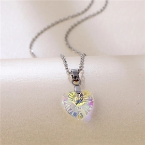 Sparkling crystal heart pendant necklace with iridescent AB coating on a silver steel chain