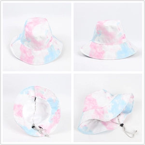 Pink and blue tie-dye bucket hat with adjustable chin strap for outdoor sun protection