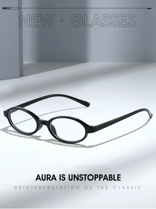 Detail showing high-gloss black oval frame glasses with blue light blocking lenses