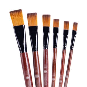Detail of 6 professional flat nylon paintbrushes with red wooden handles for oil painting