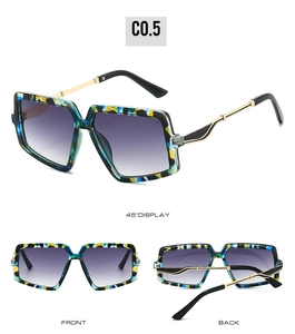 Multi-angle view of oversized hexagonal sunglasses with colorful tortoiseshell pattern