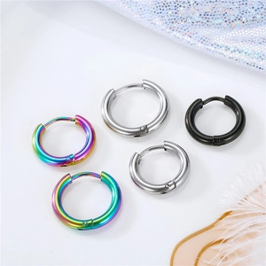 Polished stainless steel huggie hoop earrings in colorful, silver, and black finishes