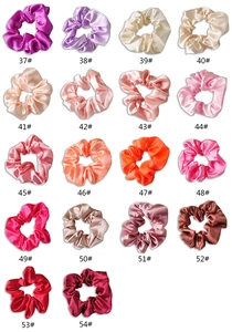 Grid view of premium satin scrunchies in 18 vibrant colors with gloss finish