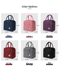 Detail view of insulated lunch bag in six colors with 23x21x13cm size specifications