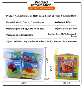 Detail of 6-pack baby cloth books showing soft material texture and 11x10.5cm size