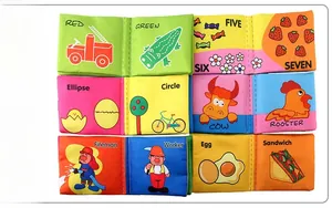 Detail of six educational soft baby cloth books showing farm animals and numbers