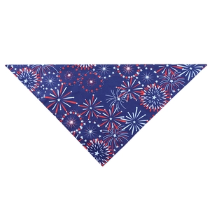 Close-up of patriotic pet bandana with red and white firework patterns on navy blue fabric