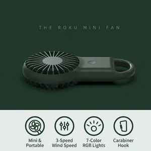 Portable mini handheld fan with carabiner handle, 3 speeds and colorful LED night light