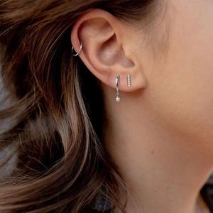 S925 silver hoop earrings with freshwater pearls and zircon bar studs set for women