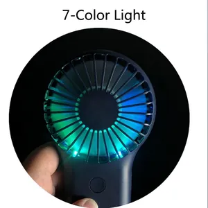 Portable handheld mini fan in dark blue with seven-color LED light and USB charging