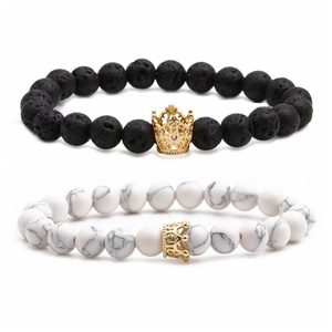 White turquoise and lava stone crown bead bracelet set for couples in minimalist style