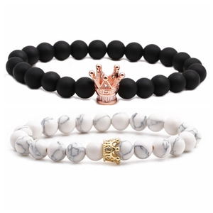 Crown Beaded Bracelet White Turquoise Matte Stone Elastic Micro Inlay Zircon Copper Jewelry Unisex Fashion