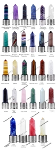 Detailed grid showing 28 varieties of natural crystal points with stainless steel bases