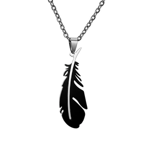 Detailed view of bicolor feather pendant with high-quality polished steel chain