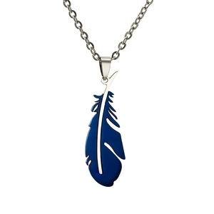 Detail view of a stainless steel necklace featuring a blue angel feather pendant on a white base