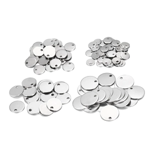 Polished silver stainless steel round blank tags in four sizes for laser engraving