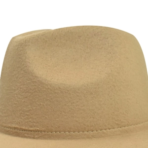 Classic camel wool felt fedora hat featuring a teardrop crown and precise edge stitching