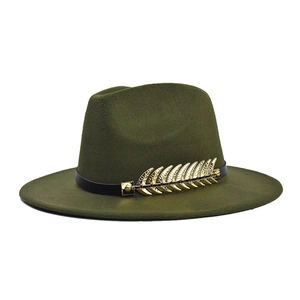 Detail of dark green wide brim fedora with black leather band and gold feather buckle