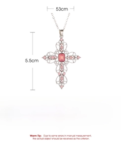 Detail showing 53cm alloy chain length and 5.5cm pink cross pendant measurements