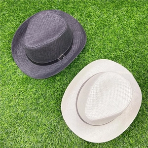 Classic woven straw sun hats in grey and beige with decorative leather bands and buckles