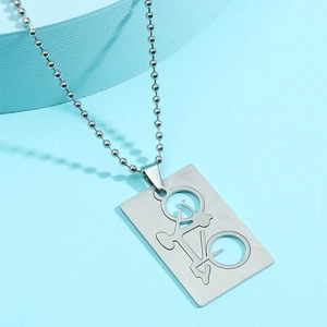 Minimalist hollow bicycle pendant necklace in brushed stainless steel with bead chain