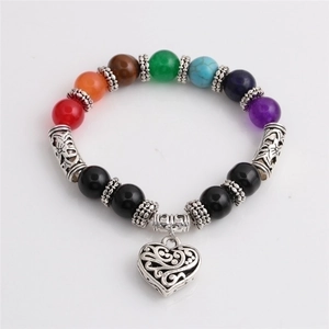 7-bead chakra heart bracelet with black stones and silver heart pendant charm