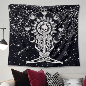 Bohemian black tapestry with white sun skeleton and moon phases for room wall decoration