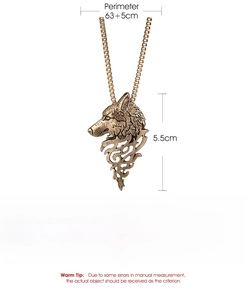 Detailed view of bronze wolf pendant with size specifications and alloy material specs