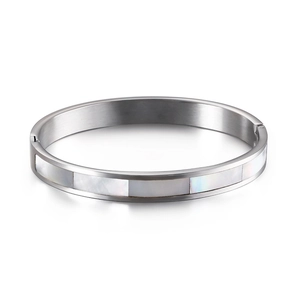 Minimalist silver titanium bangle with rectangular shell inlay and polished finish