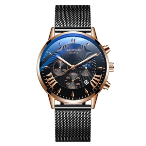Close-up of Gadyson men's quartz watch featuring rose gold case and black mesh strap