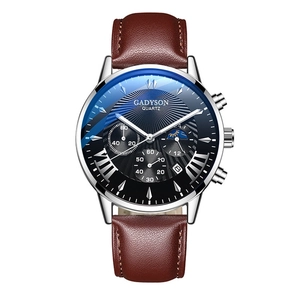 Business quartz watch with brown leather strap and blue sunray dial for men