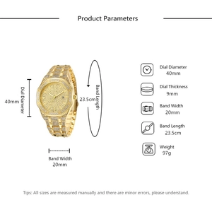 Detailed size specifications for a gold iced-out watch with an octagonal crystal bezel