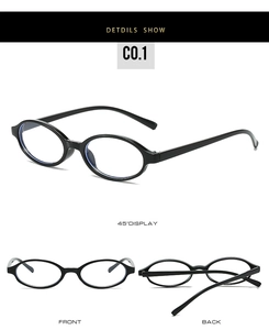 Detailed multi-angle view of black oval frame eyeglasses with lightweight temples