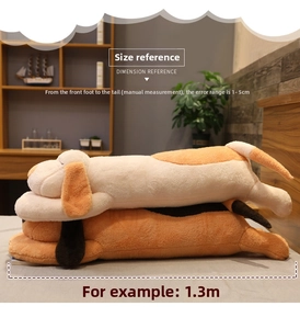 Detailed view of long puppy plush pillow made of soft beige and orange fabric