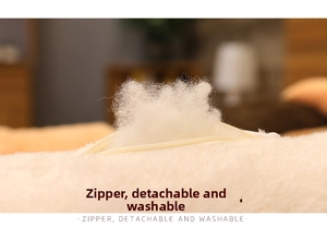 Detail of the hidden zipper and soft cotton filling for the washable plush dog pillow
