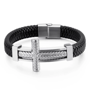 Men's punk braided black leather bracelet featuring a textured silver cross pendant