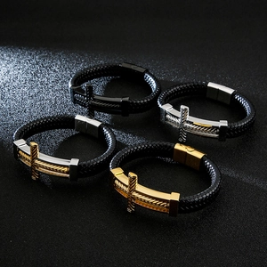 Punk style men's braided leather cross bracelets in gold, silver and black finishes